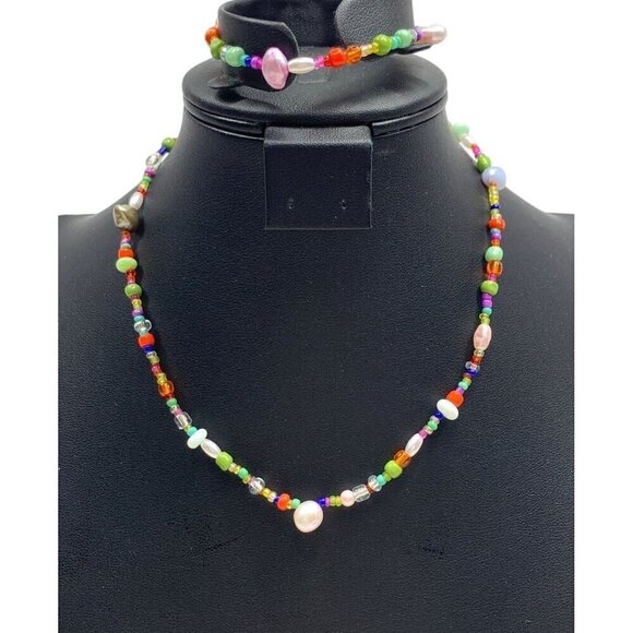Genuine Pearl Beaded Necklace & Bracelet Set Multicolor 14”L, 7”L - Picture 1 of 8